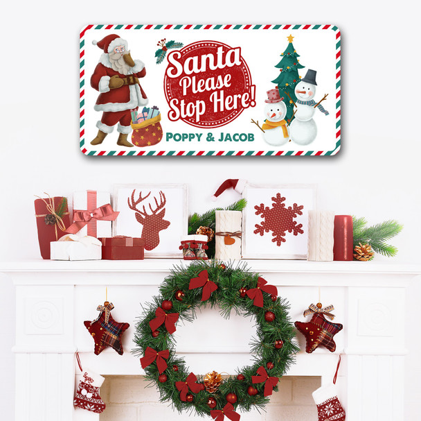 White Santa Please Stop Here Vintage Christmas Names Home Personalised Sign
