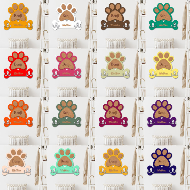 Pawprint Bone Dog Lead Holder Personalised Leash Hanger Double Hook Any Colour