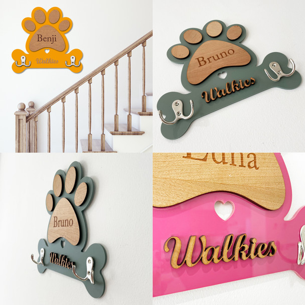 Pawprint Bone Dog Lead Holder Personalised Leash Hanger Double Hook Any Colour