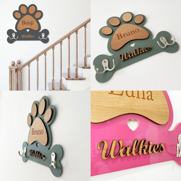 Pawprint Bone Dog Lead Holder Personalised Leash Hanger Double Hook Any Colour