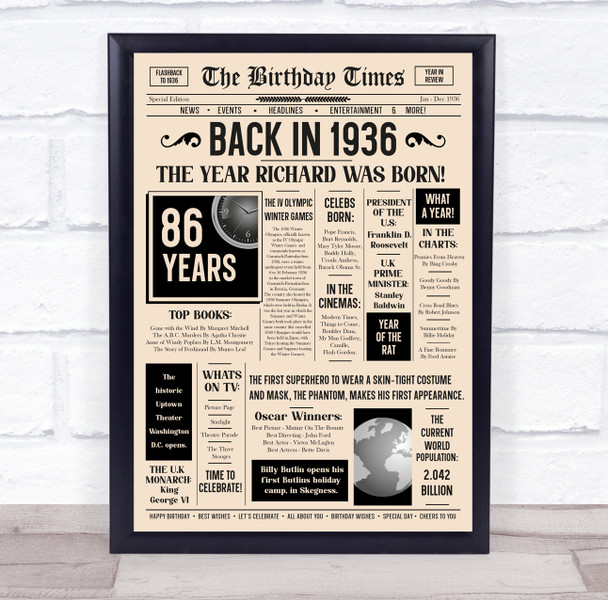 1936 Newspaper Any Age Any Year You Were Born Birthday Facts Gift Print