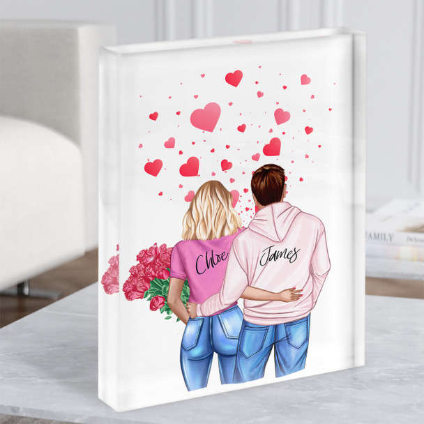 Pink Bursting Hearts Gift For Him or Her Personalised Couple Acrylic Block