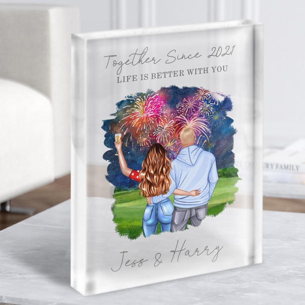 Fireworks Champagne Gift For Him or Her Personalised Couple Clear Acrylic Block