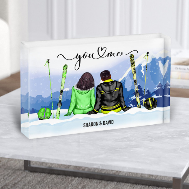 Snowy Mountains Ski Gift For Him or Her Personalised Couple Acrylic Block