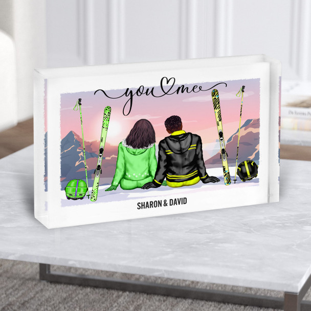 Mountain Sunset Ski Gift For Him or Her Personalised Couple Acrylic Block