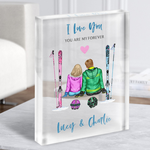 Ski Slopes Love You Gift For Him or Her Personalised Couple Clear Acrylic Block