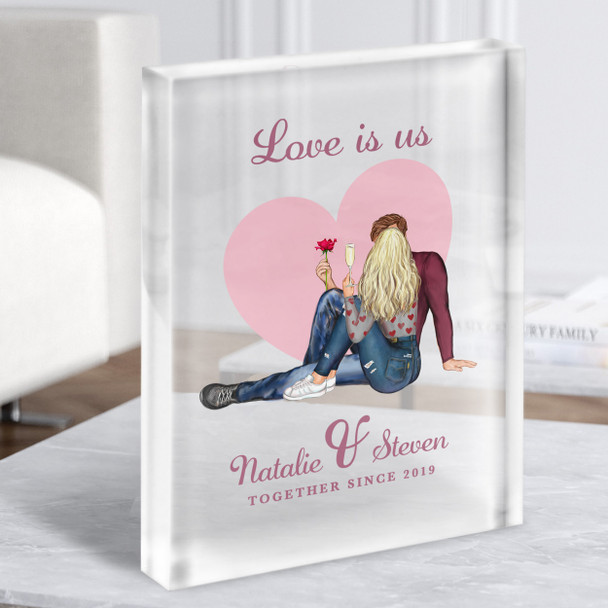 Heart Pink Background Gift For Him Her Personalised Couple Clear Acrylic Block