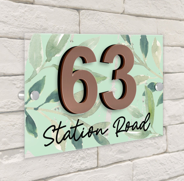 Green Wash Leaves 3D Acrylic House Address Sign Door Number Plaque