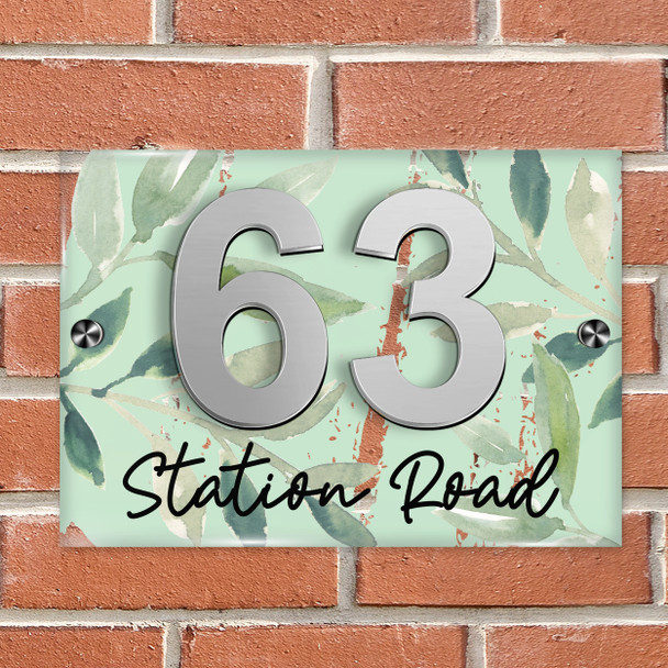 Green Wash Leaves 3D Acrylic House Address Sign Door Number Plaque