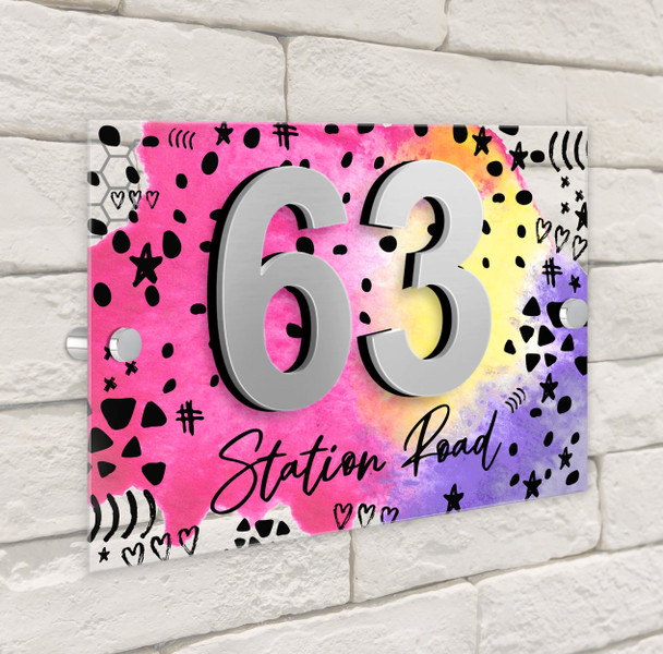 Pink Yellow Purple Abstract Fun 3D Acrylic House Address Sign Door Number Plaque