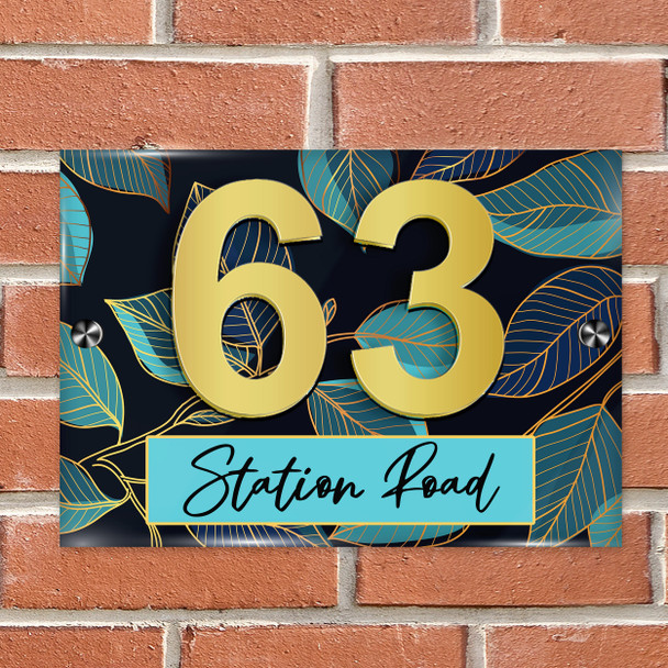 Black Blue Teal Green Leaves 3D Acrylic House Address Sign Door Number Plaque