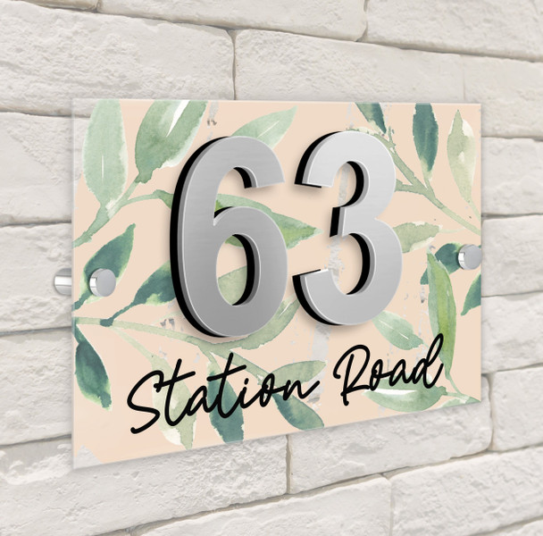 Taupe Wash Leaves 3D Acrylic House Address Sign Door Number Plaque