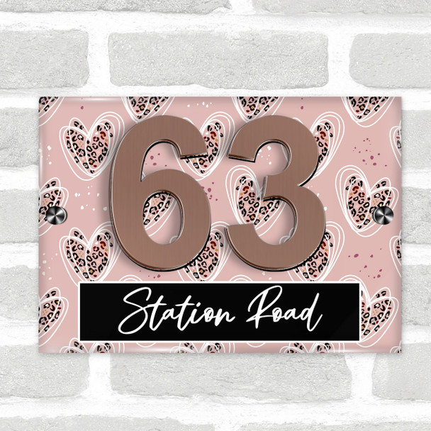 Dusky Pink Leopard Print Hearts 3D Acrylic House Address Sign Door Number Plaque