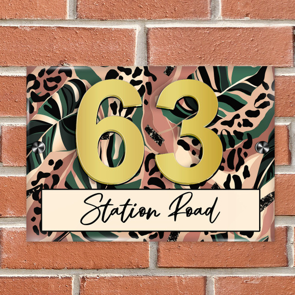 Abstract Leaves And Animal Print Acrylic House Address Sign Door Number Plaque