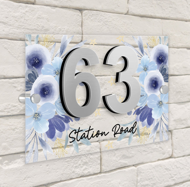 Light Blue Flowers & Stars 3D Acrylic House Address Sign Door Number Plaque