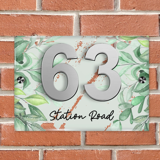 Wash Green Watercolour Leaves 3D Acrylic House Address Sign Door Number Plaque