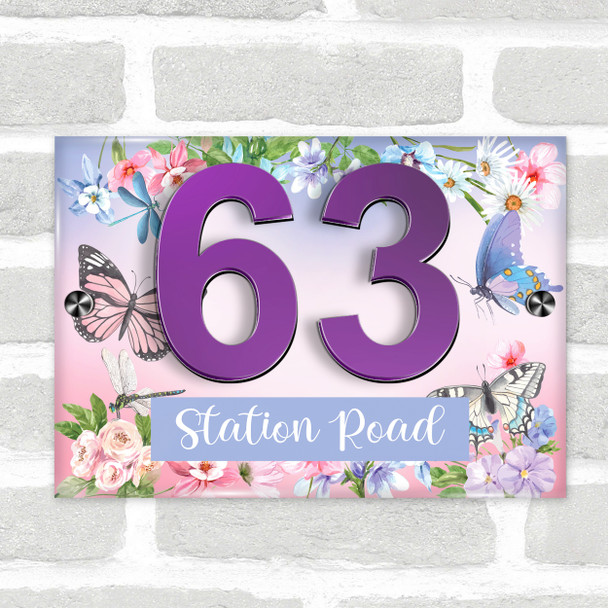 Purple Butterfly Flowers Floral 3D Acrylic House Address Sign Door Number Plaque