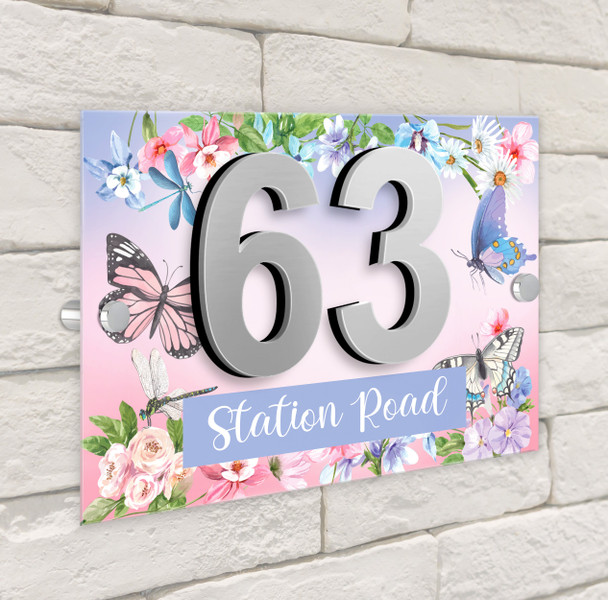 Purple Butterfly Flowers Floral 3D Acrylic House Address Sign Door Number Plaque