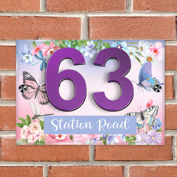 Purple Butterfly Flowers Floral 3D Acrylic House Address Sign Door Number Plaque