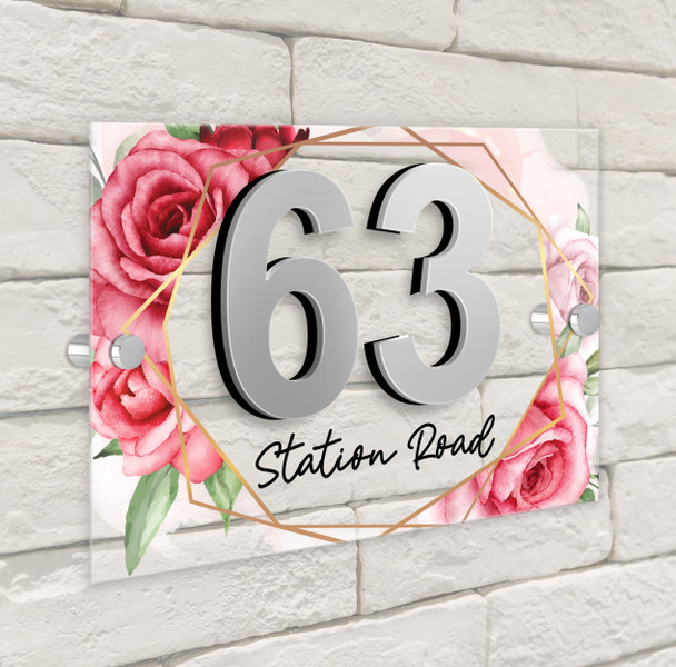 Pink Red Roses Geo 3D Acrylic House Address Sign Door Number Plaque