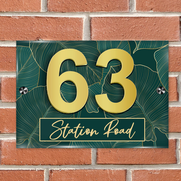 Green & Gold Leaves Foliage 3D Acrylic House Address Sign Door Number Plaque