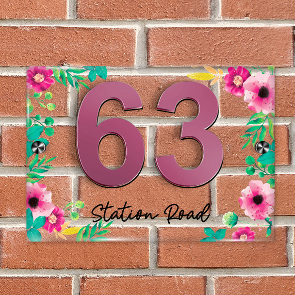 Clear Pink Floral 3D Acrylic House Address Sign Door Number Plaque