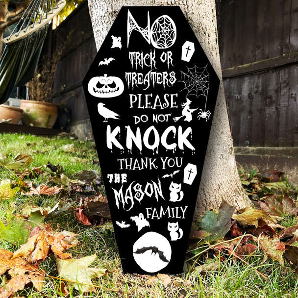 No Trick Treaters Do Not Knock Black & White Coffin Personalised Halloween Sign