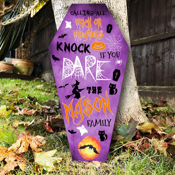 Trick Treaters Welcome To Knock Purple Coffin Personalised Decor Halloween Sign