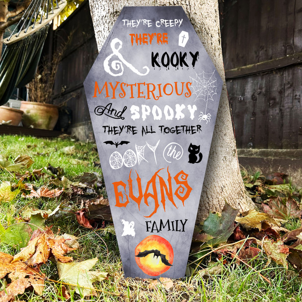 Addams Family Song Kooky Spooky Grey Orange Coffin Personalised Halloween Sign