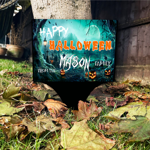 Pumpkin Graveyard Scene Personalised Outdoor Garden Stake Halloween Sign