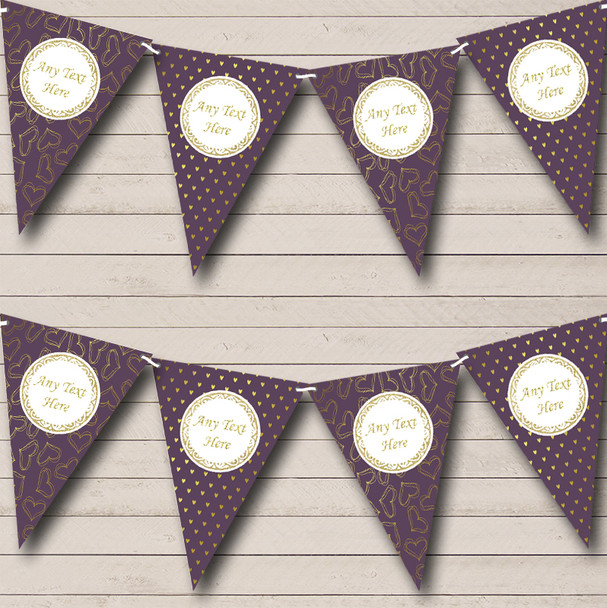 Plum Purple & Gold Love Hearts Custom Personalised Wedding Venue or Reception Flag Banner Bunting