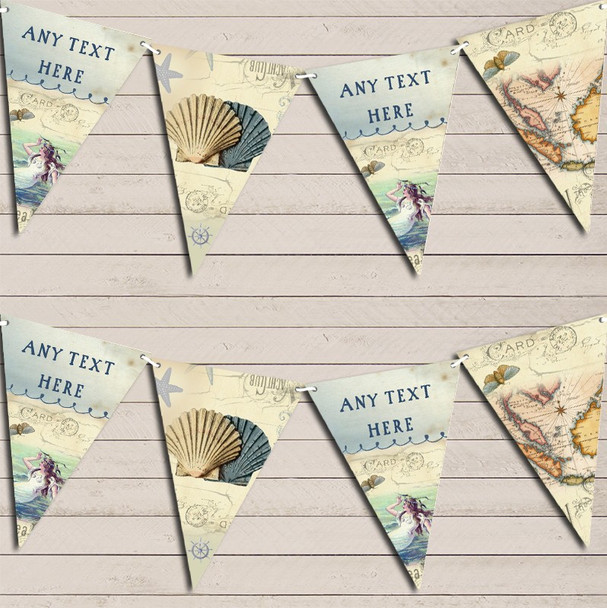 Vintage Nautical Map Shells Sea Custom Personalised Birthday Flag Banner Bunting