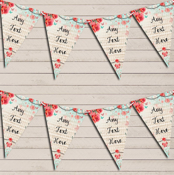 Blue Pink Rustic Vintage Shabby Chic Floral Custom Personalised Birthday Flag Banner Bunting