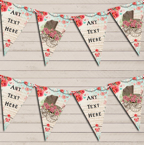 Vintage Shabby Chic Floral Rustic Baby Pram Custom Personalised Baby Shower Flag Banner Bunting