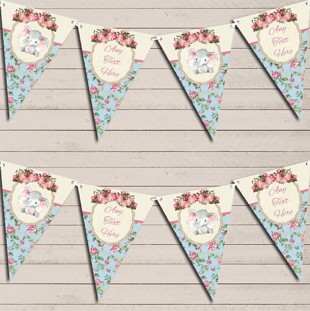 Baby Elephant Shabby Chic Floral Custom Personalised Baby Shower Flag Banner Bunting