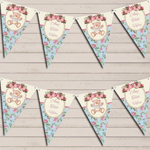 Teddy Bear Shabby Chic Floral Pink Girls Custom Personalised Christening Flag Banner Bunting