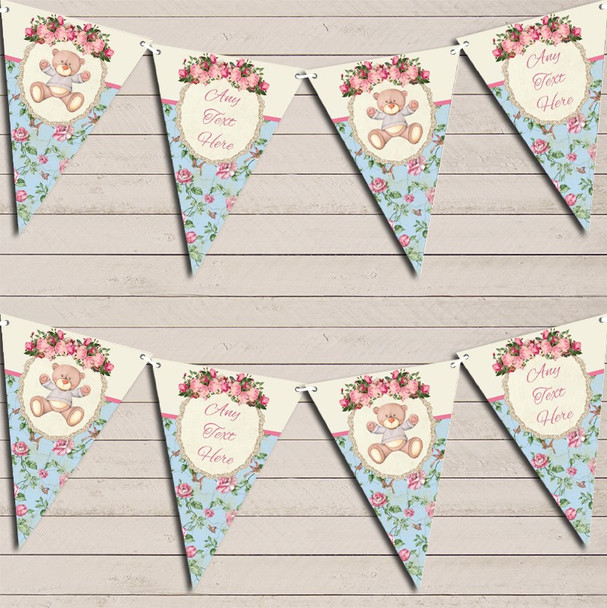 Teddy Bear Shabby Chic Floral Pink Girls Custom Personalised Christening Flag Banner Bunting