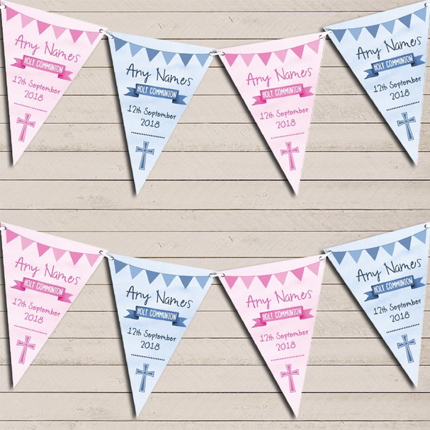 Blue Pink Boy Girl Twins Watercolour Holy Communion Christening Flag Banner Bunting