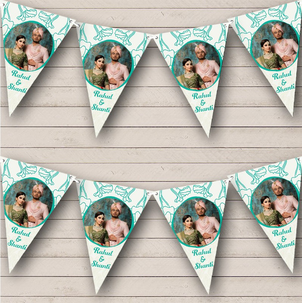 Teal Flowers Paisley Indian Wedding Anniversary Photo Custom Personalised Flag Banner Bunting