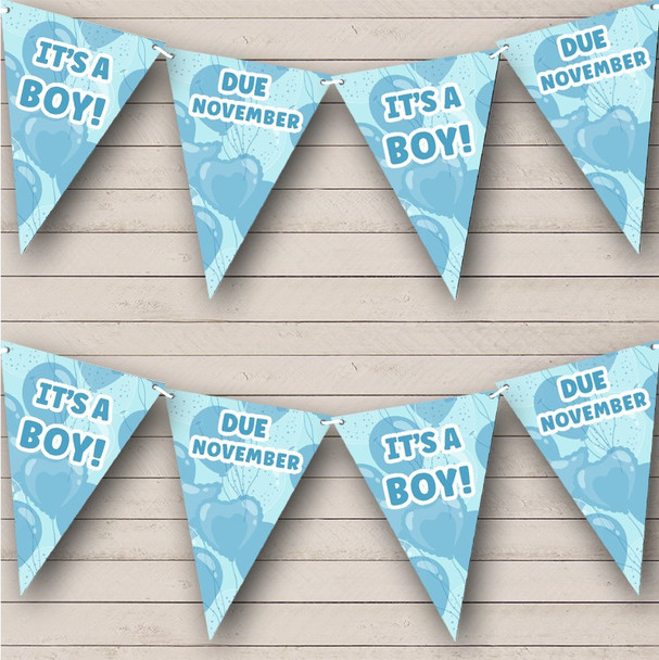 It's A Boy Baby Shower Blue Heart Balloons Due Date Custom Personalised Flag Banner Bunting