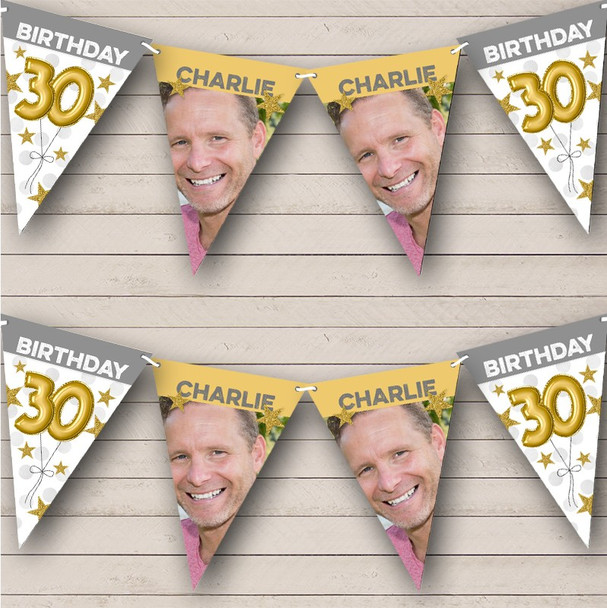 30th Birthday Balloons Photo Gold Grey Stars Custom Personalised Party Flag Banner Bunting