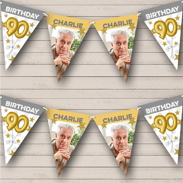 90th Birthday Balloons Photo Gold Grey Stars Custom Personalised Party Flag Banner Bunting