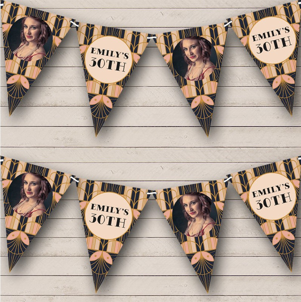 Pink Black Gatsby 20's Art Deco Vintage Birthday Photo Custom Personalised Flag Banner Bunting