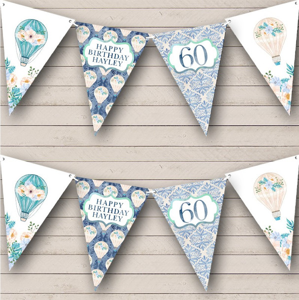 Vintage Blue Floral Hot Air Balloon Birthday Age Custom Personalised Flag Banner Bunting