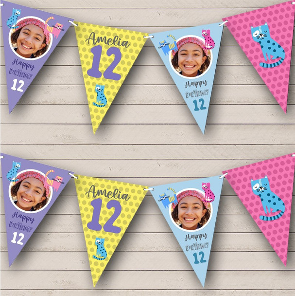 12th Birthday Girl Kids Cats Kitten Photo Pink Any Age Custom Personalised Flag Banner Bunting