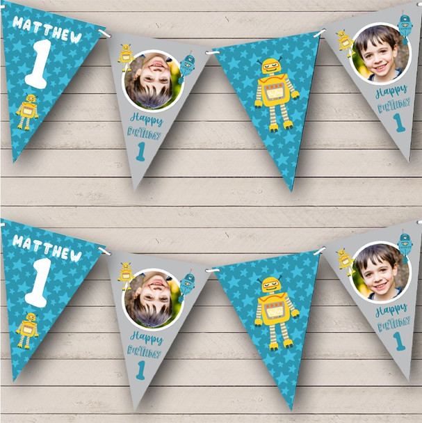 1st Birthday Boy Robot Photo Blue Stars Any Age Custom Personalised Flag Banner Bunting