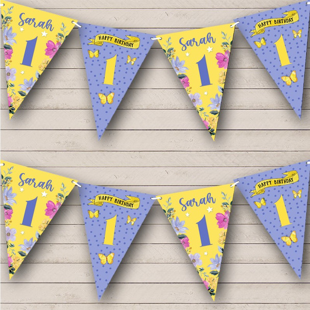 1st Birthday Girl Pretty Flowers Purple Yellow Any Age Custom Personalised Flag Banner Bunting