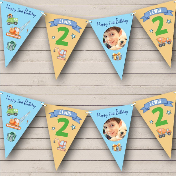 2nd Birthday Boy Cars Trucks Toys Blue Orange Photo Any Age Custom Personalised Flag Banner Bunting