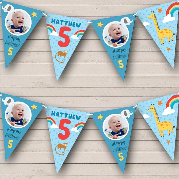 5th Birthday Boy Baby Animals Zoo Photo Blue Any Age Custom Personalised Flag Banner Bunting