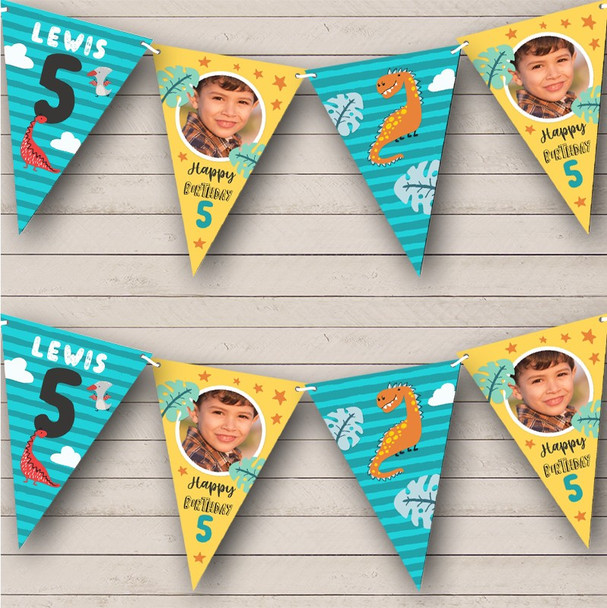 5th Birthday Boy Kids Dinosaur Photo Blue Yellow Any Age Custom Personalised Flag Banner Bunting